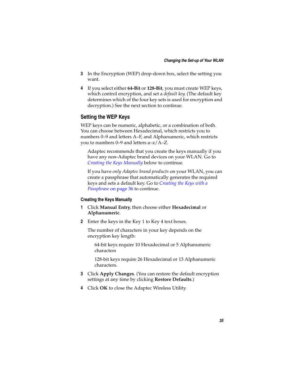 Setting the wep keys | Adaptec Ultra Wireless WirelessTM USB Adapter User Manual | Page 42 / 57