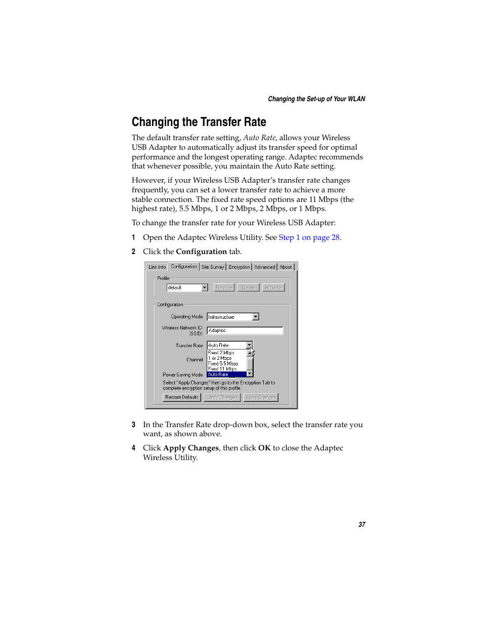 Changing the transfer rate | Adaptec Ultra Wireless WirelessTM USB Adapter User Manual | Page 44 / 57