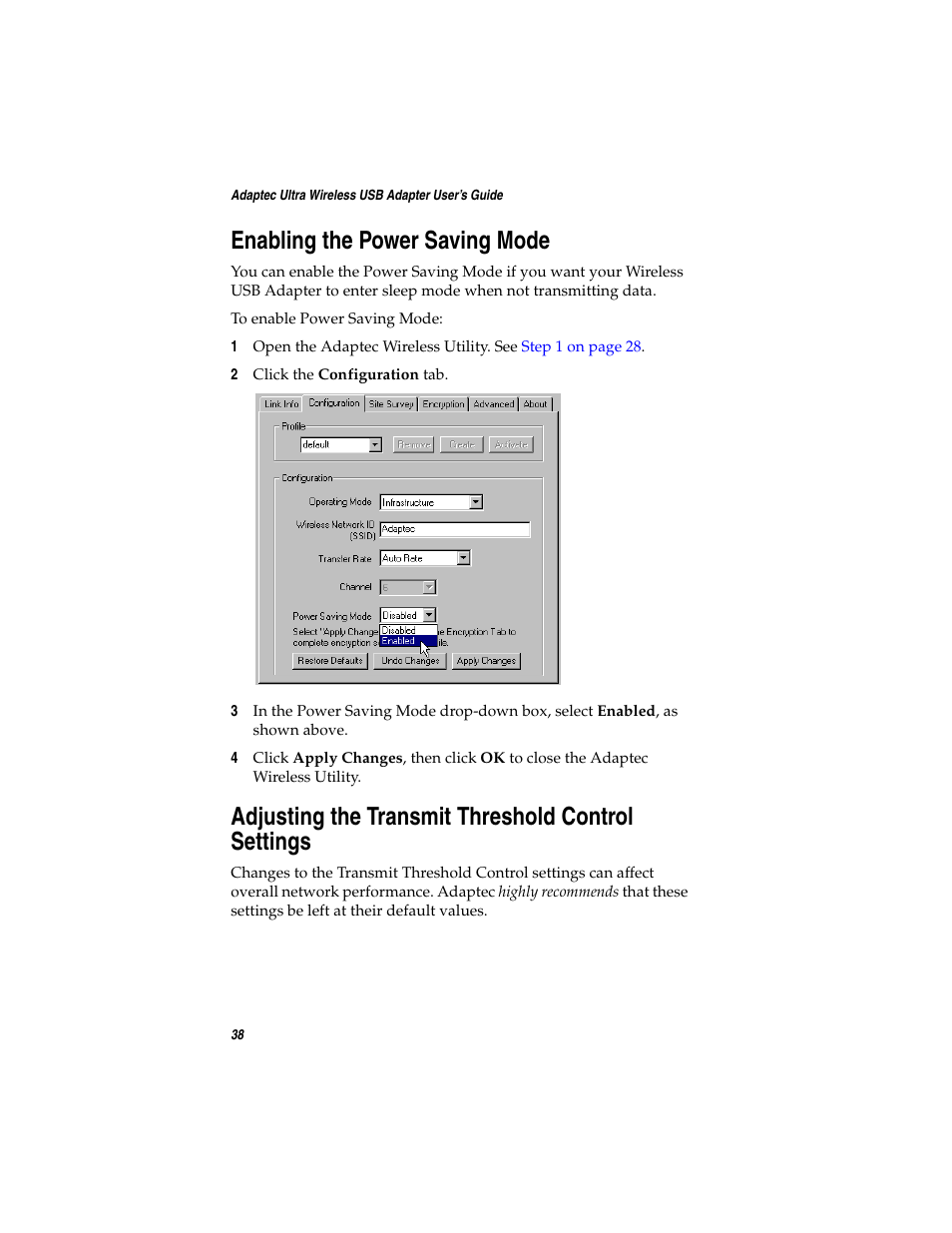 Enabling the power saving mode, Adjusting the transmit threshold control settings | Adaptec Ultra Wireless WirelessTM USB Adapter User Manual | Page 45 / 57