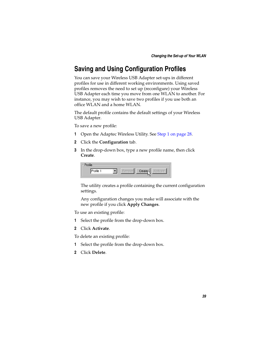 Saving and using configuration profiles | Adaptec Ultra Wireless WirelessTM USB Adapter User Manual | Page 46 / 57