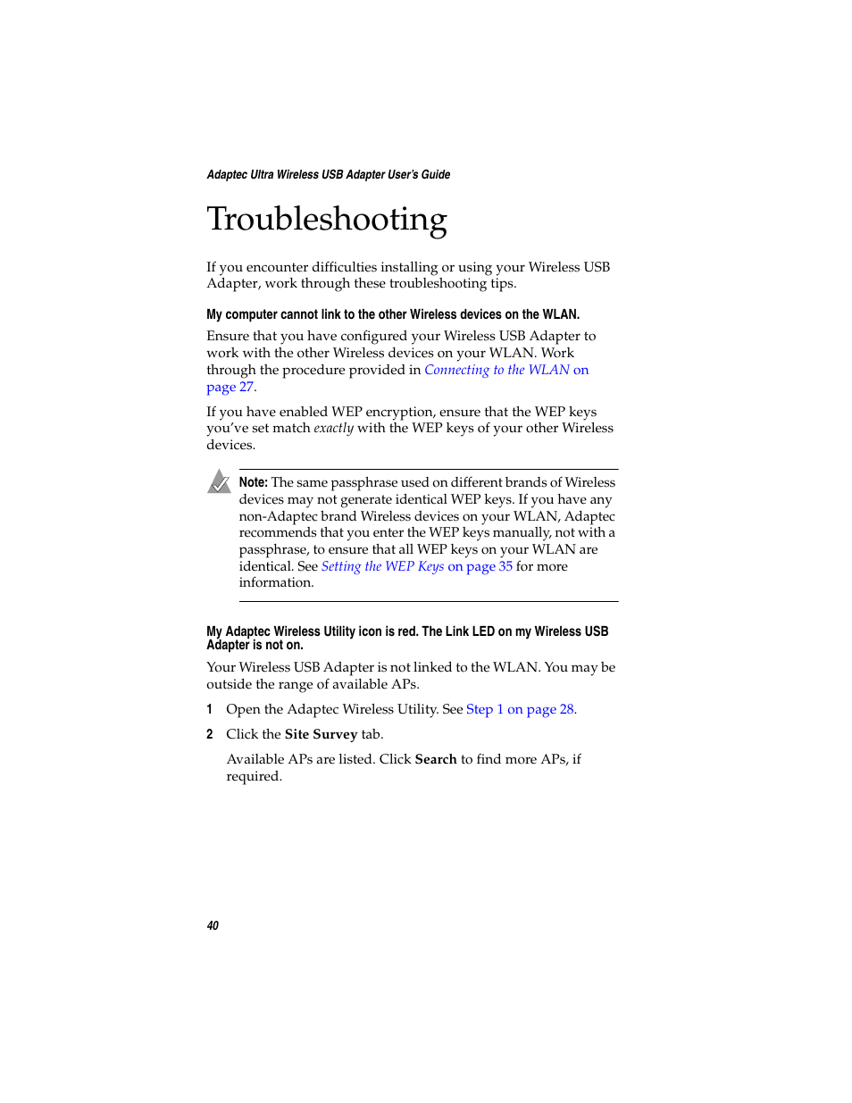 Troubleshooting | Adaptec Ultra Wireless WirelessTM USB Adapter User Manual | Page 47 / 57