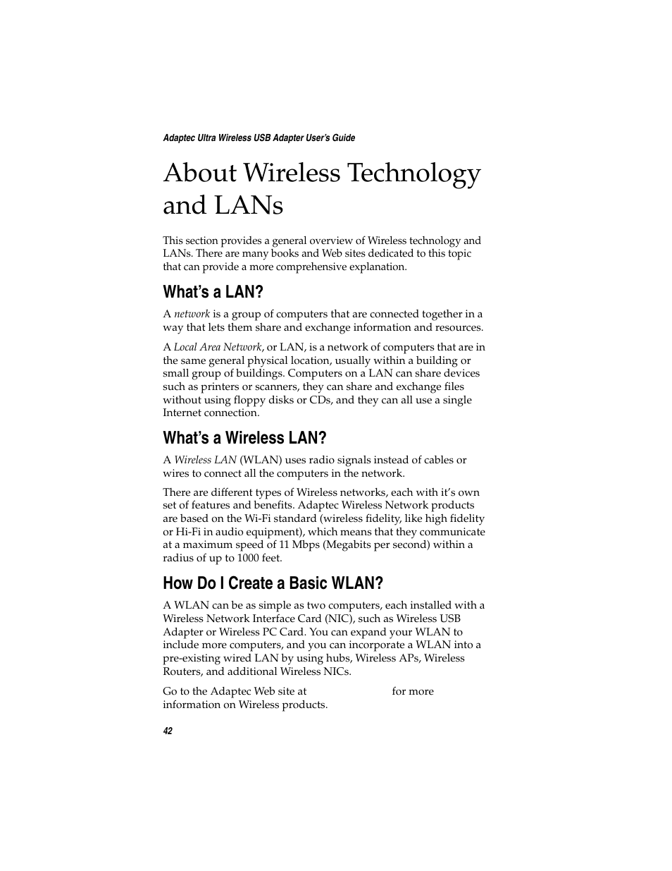 About wireless technology and lans, What’s a lan, What’s a wireless lan | How do i create a basic wlan, About wireless technology and, Reviewed | Adaptec Ultra Wireless WirelessTM USB Adapter User Manual | Page 49 / 57