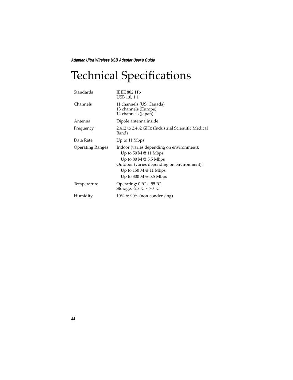 Technical specifications | Adaptec Ultra Wireless WirelessTM USB Adapter User Manual | Page 51 / 57