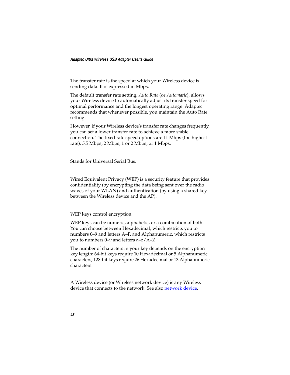 Also, Transfer rate | Adaptec Ultra Wireless WirelessTM USB Adapter User Manual | Page 55 / 57