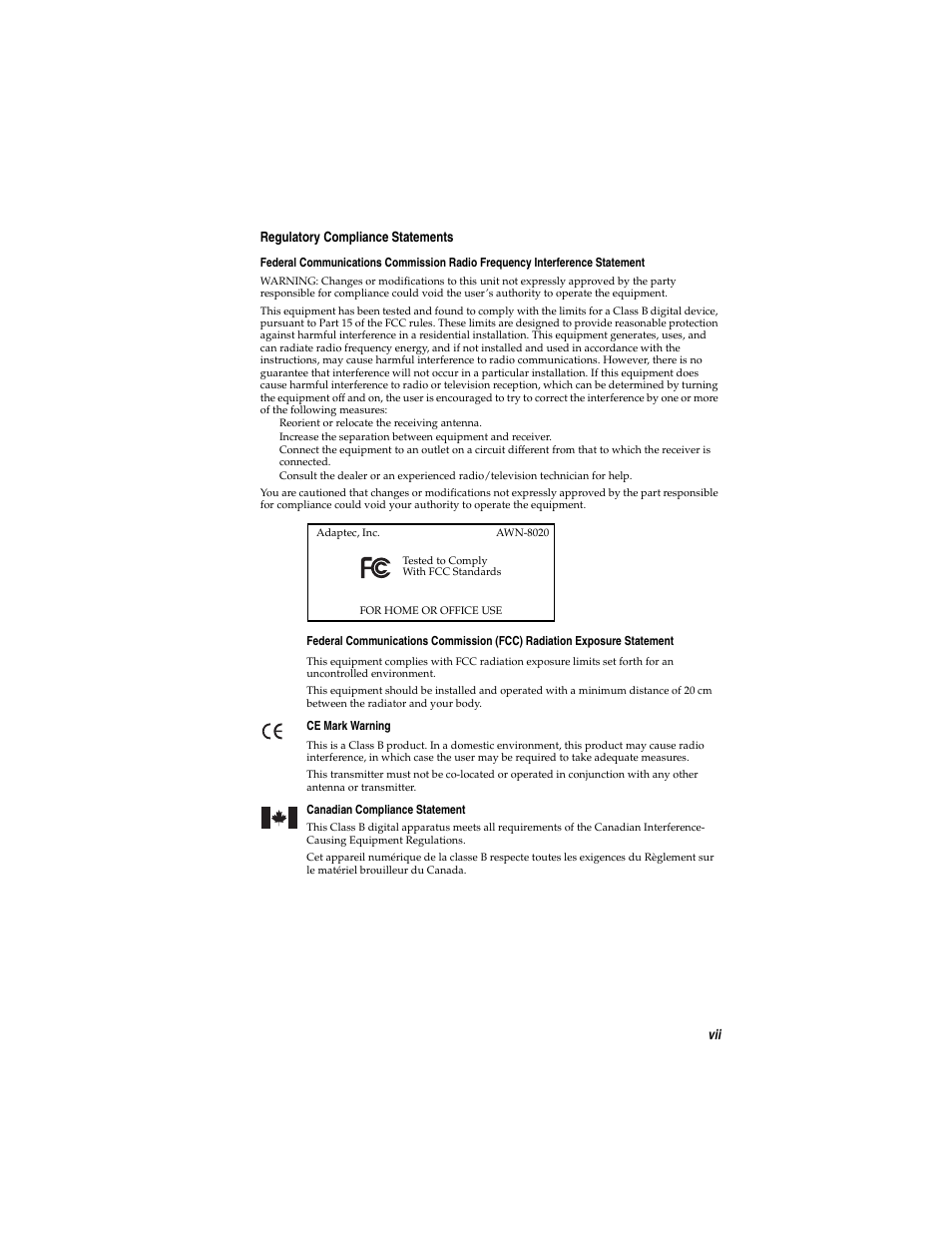 Vii regulatory compliance statements | Adaptec Ultra Wireless WirelessTM USB Adapter User Manual | Page 7 / 57