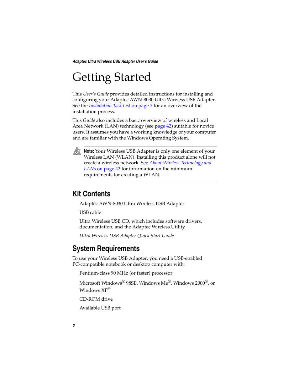 Getting started, Kit contents, System requirements | Adaptec Ultra Wireless WirelessTM USB Adapter User Manual | Page 9 / 57