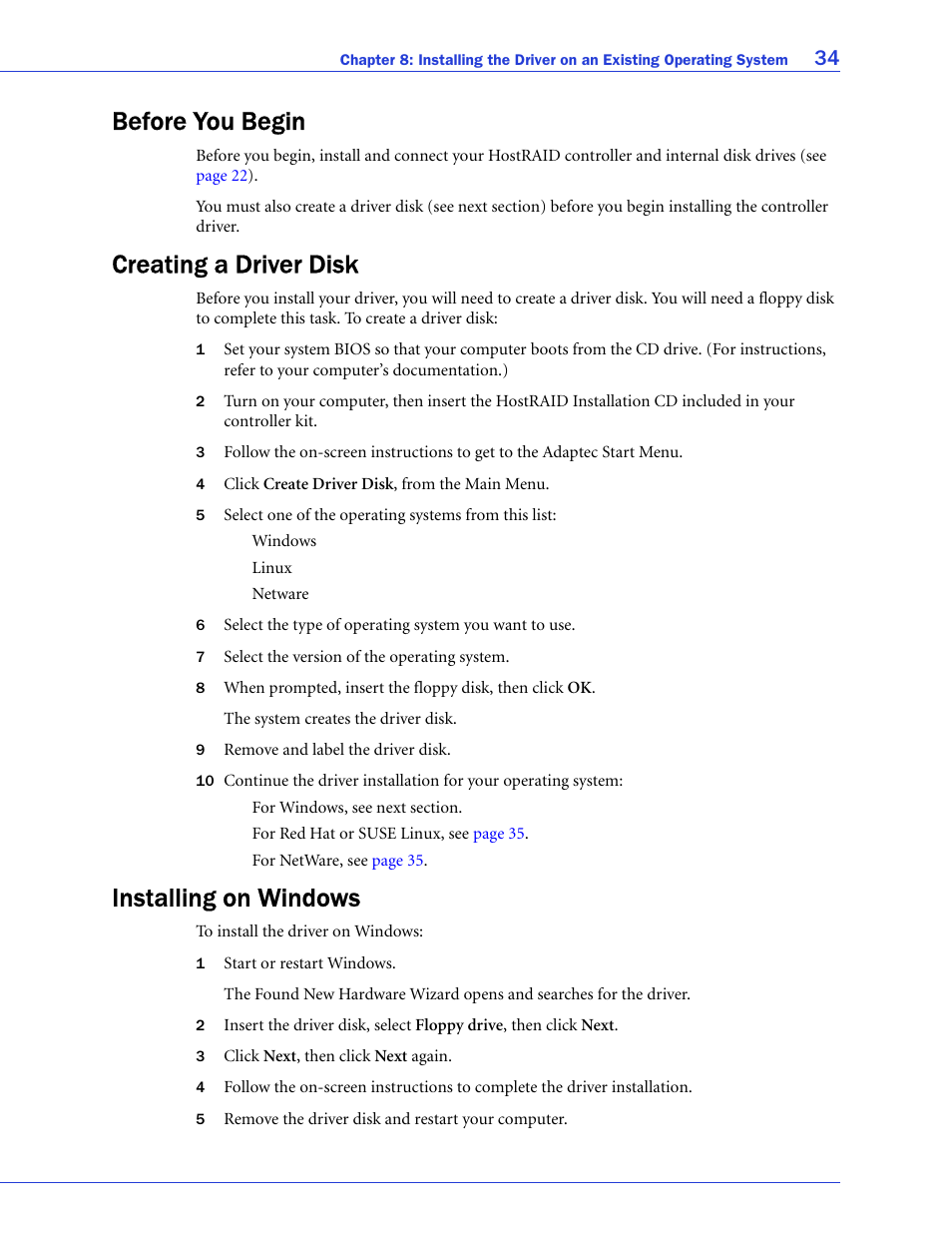 Before you begin, Creating a driver disk, Installing on windows | Adaptec ATA II 1220SA User Manual | Page 34 / 78