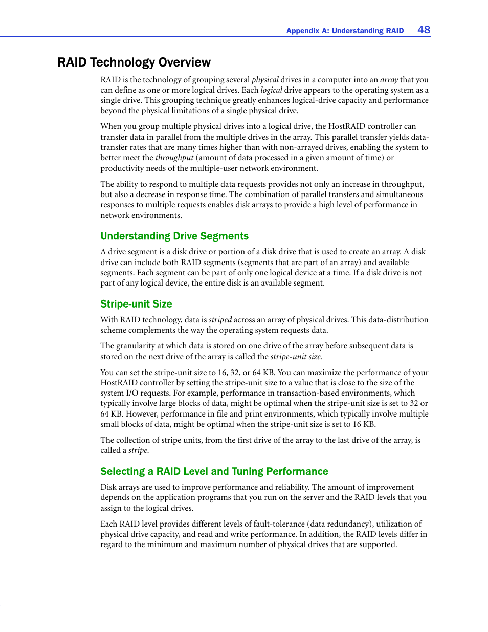 Raid technology overview, Understanding drive segments, Stripe-unit size | Selecting a raid level and tuning performance | Adaptec ATA II 1220SA User Manual | Page 48 / 78