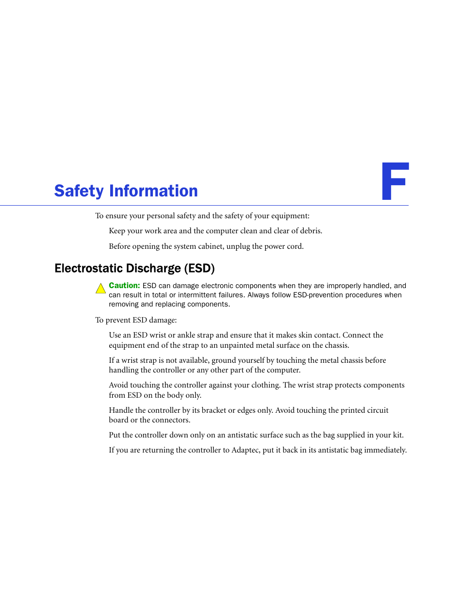 Safety information, Electrostatic discharge (esd) | Adaptec SAS/SATA/SCSI RAID Controllers User Manual | Page 104 / 112