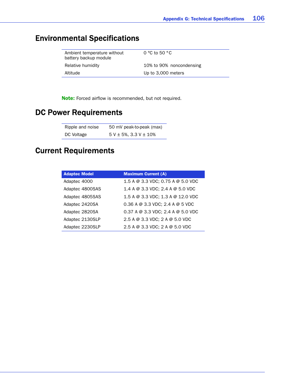 Environmental specifications, Dc power requirements, Current requirements | Dc power requirements current requirements | Adaptec SAS/SATA/SCSI RAID Controllers User Manual | Page 106 / 112