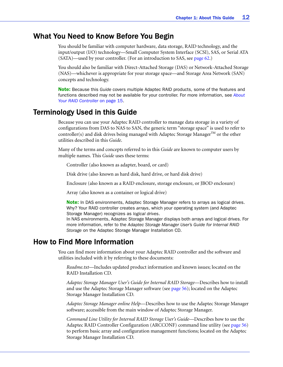 What you need to know before you begin, Terminology used in this guide, How to find more information | Adaptec SAS/SATA/SCSI RAID Controllers User Manual | Page 12 / 112