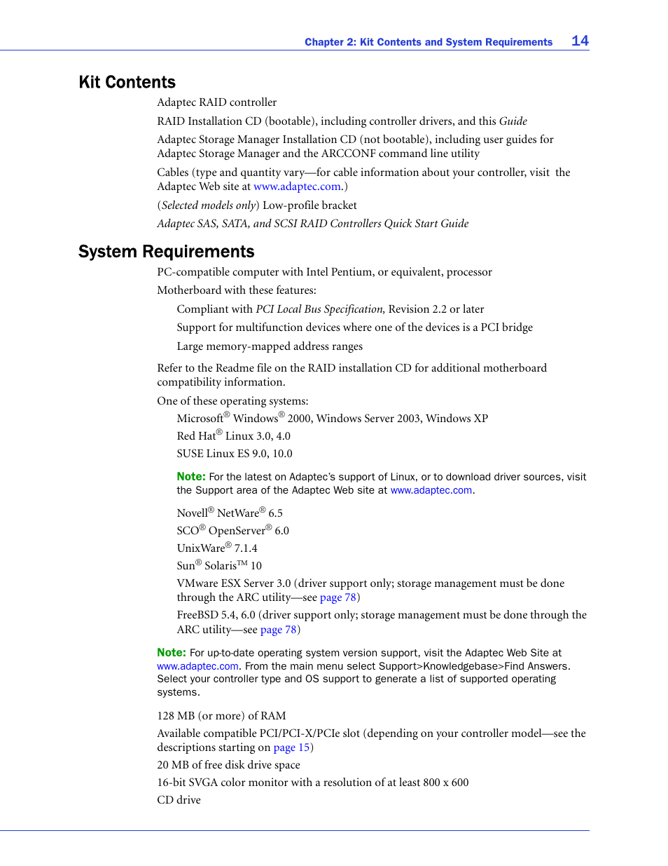 Kit contents, System requirements, Kit contents system requirements | Adaptec SAS/SATA/SCSI RAID Controllers User Manual | Page 14 / 112