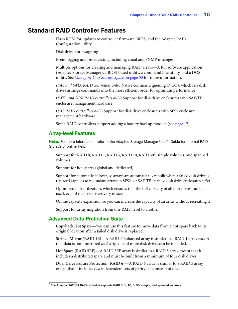 Standard raid controller features, Array-level features, Advanced data protection suite | Adaptec SAS/SATA/SCSI RAID Controllers User Manual | Page 16 / 112