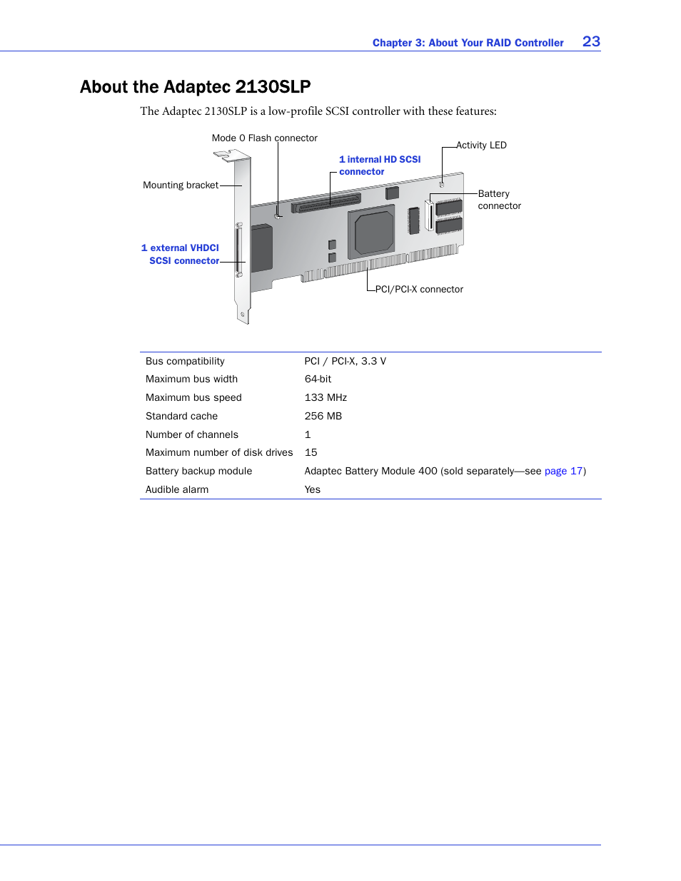 About the adaptec 2130slp | Adaptec SAS/SATA/SCSI RAID Controllers User Manual | Page 23 / 112