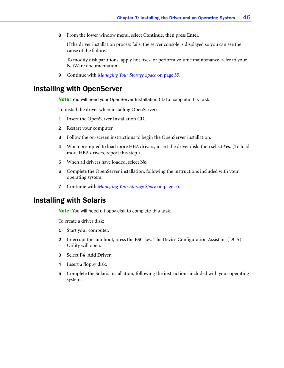 Installing with openserver, Installing with solaris, Installing with openserver installing with solaris | Adaptec SAS/SATA/SCSI RAID Controllers User Manual | Page 46 / 112