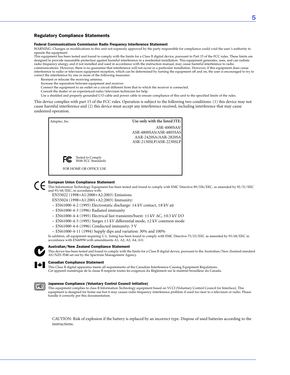 Regulatory compliance statements | Adaptec SAS/SATA/SCSI RAID Controllers User Manual | Page 5 / 112