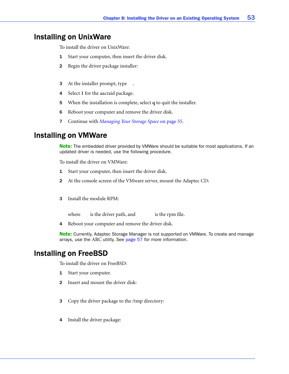 Installing on unixware, Installing on vmware, Installing on freebsd | Adaptec SAS/SATA/SCSI RAID Controllers User Manual | Page 53 / 112