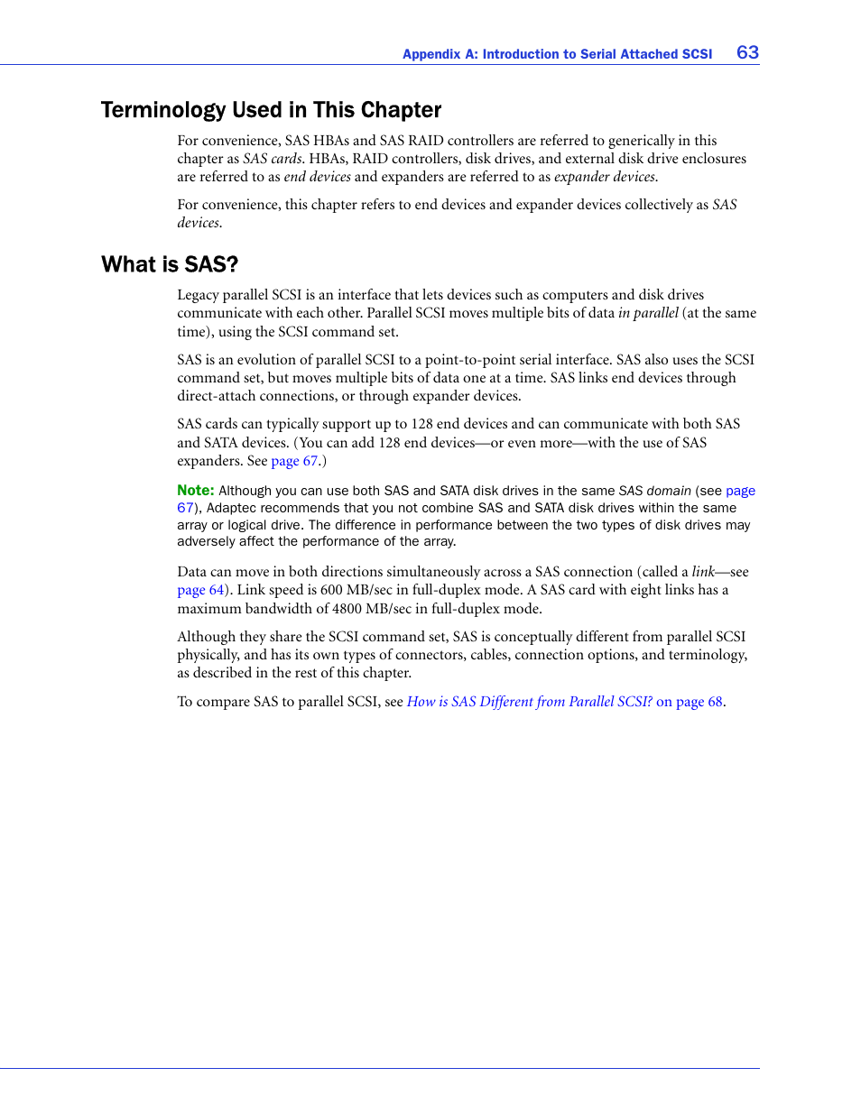 Terminology used in this chapter, What is sas, Terminology used in this chapter what is sas | For more | Adaptec SAS/SATA/SCSI RAID Controllers User Manual | Page 63 / 112