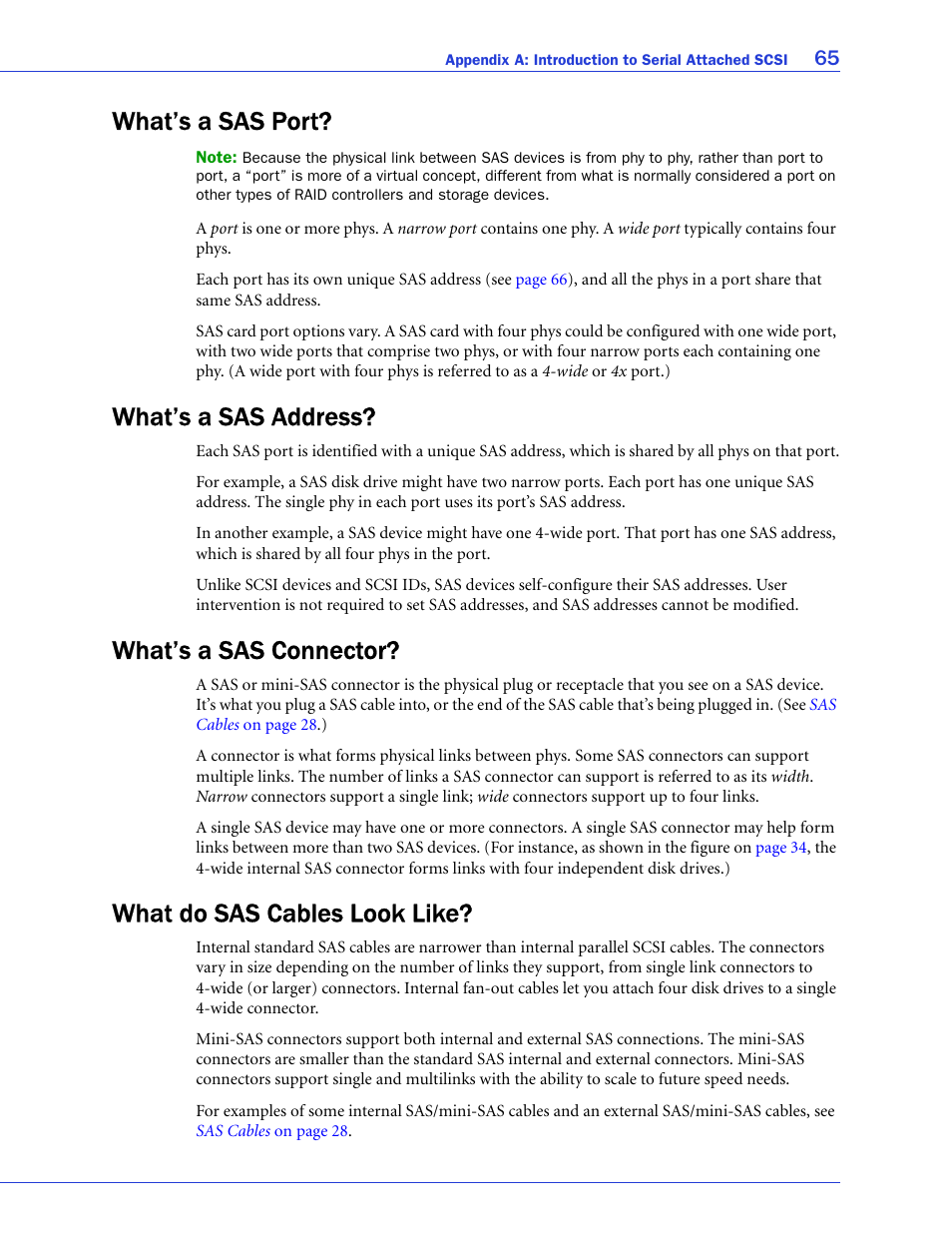 What’s a sas port, What’s a sas address, What’s a sas connector | What do sas cables look like, Ors (see | Adaptec SAS/SATA/SCSI RAID Controllers User Manual | Page 65 / 112
