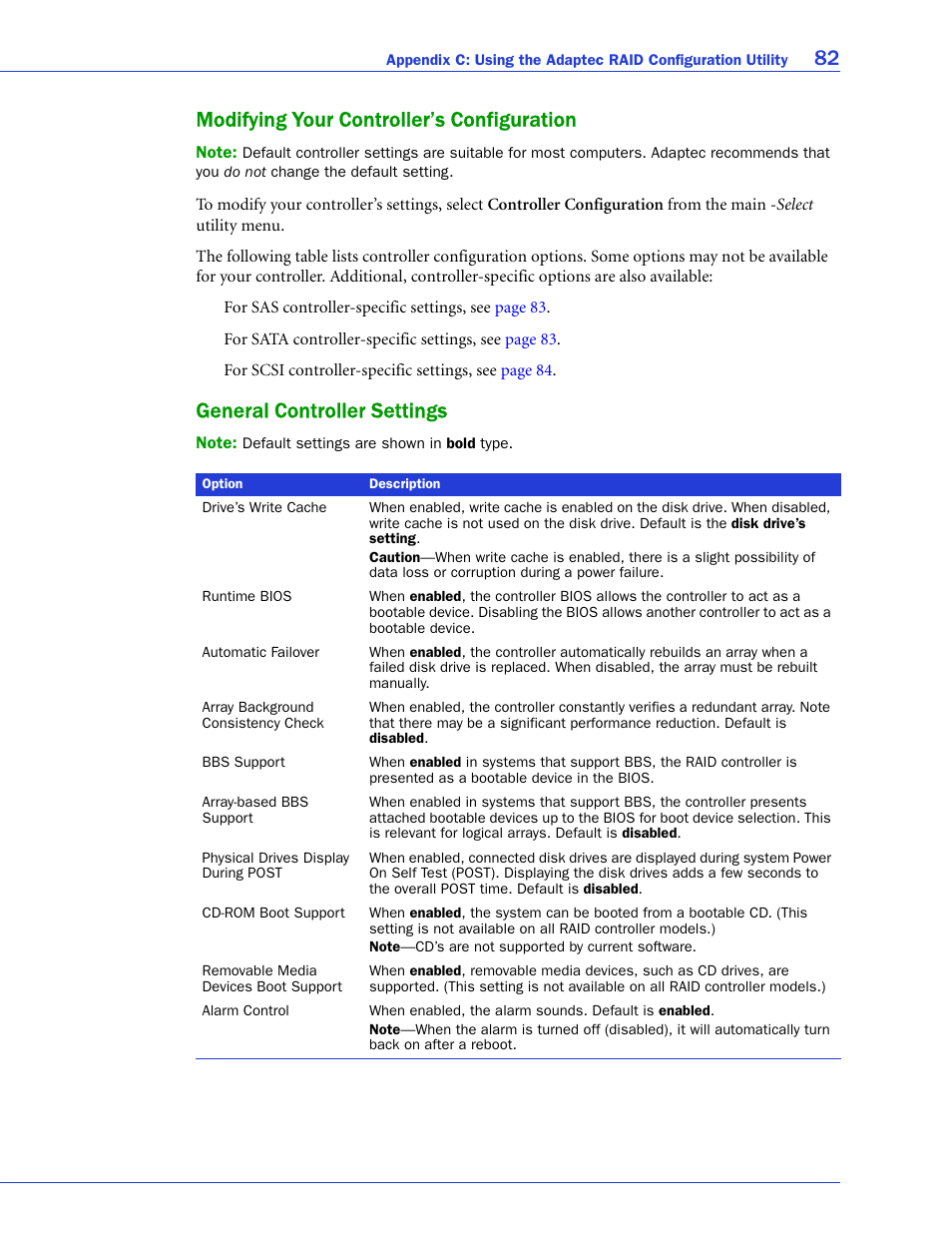 Modifying your controller’s configuration, General controller settings, 82 modifying your controller’s configuration | Adaptec SAS/SATA/SCSI RAID Controllers User Manual | Page 82 / 112