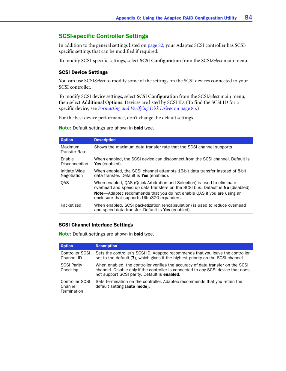 Scsi-specific controller settings, Scsi device settings, Scsi channel interface settings | 84 scsi-specific controller settings | Adaptec SAS/SATA/SCSI RAID Controllers User Manual | Page 84 / 112