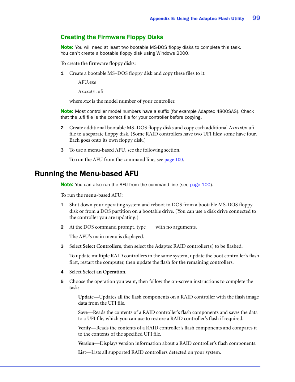 Creating the firmware floppy disks, Running the menu-based afu, S (see | 99 creating the firmware floppy disks | Adaptec SAS/SATA/SCSI RAID Controllers User Manual | Page 99 / 112