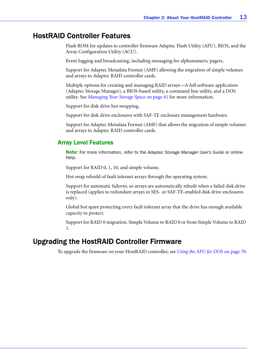 Hostraid controller features, Array level features, Upgrading the hostraid controller firmware | Adaptec 58300 User Manual | Page 13 / 88