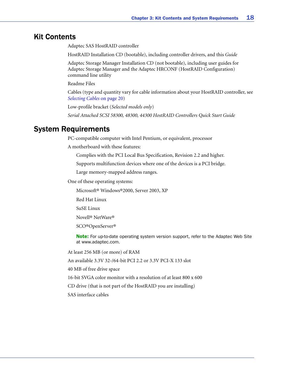 Kit contents, System requirements, Kit contents system requirements | Adaptec 58300 User Manual | Page 18 / 88