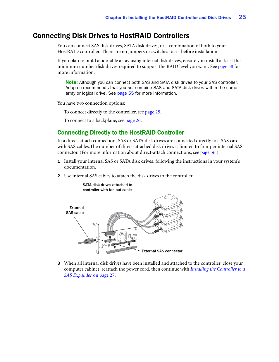 Connecting disk drives to hostraid controllers, Connecting directly to the hostraid controller | Adaptec 58300 User Manual | Page 25 / 88