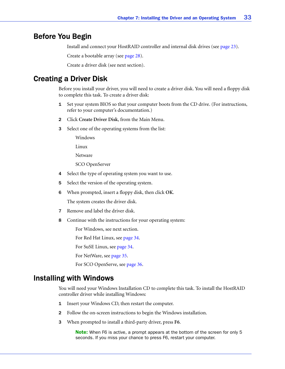 Before you begin, Creating a driver disk, Installing with windows | Adaptec 58300 User Manual | Page 33 / 88