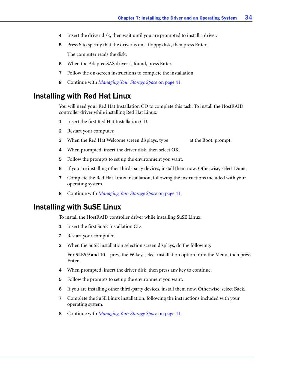 Installing with red hat linux, Installing with suse linux | Adaptec 58300 User Manual | Page 34 / 88