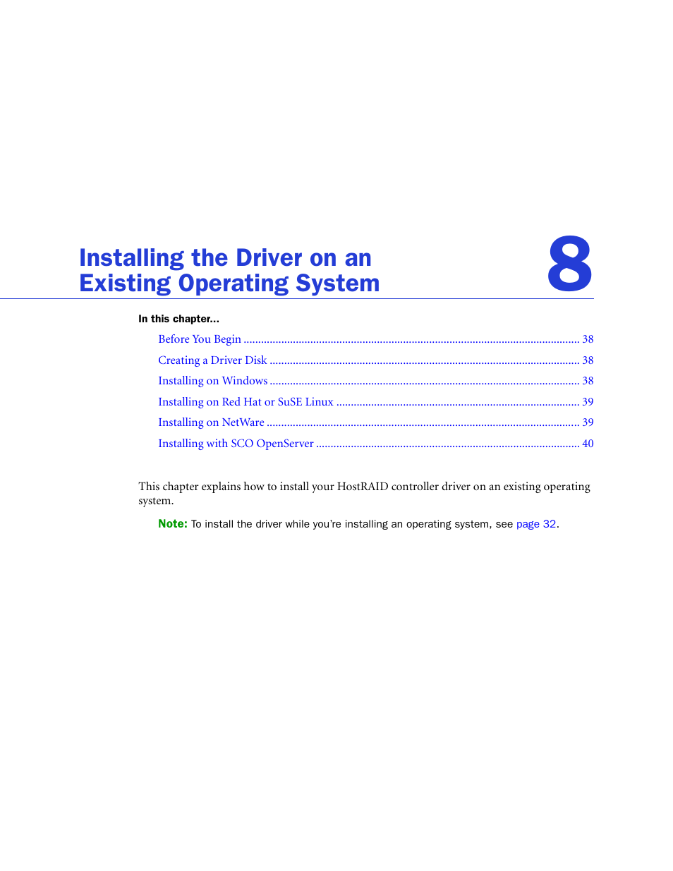 Installing the driver on an, Existing operating system, Installing the driver on an existing operating | Adaptec 58300 User Manual | Page 37 / 88