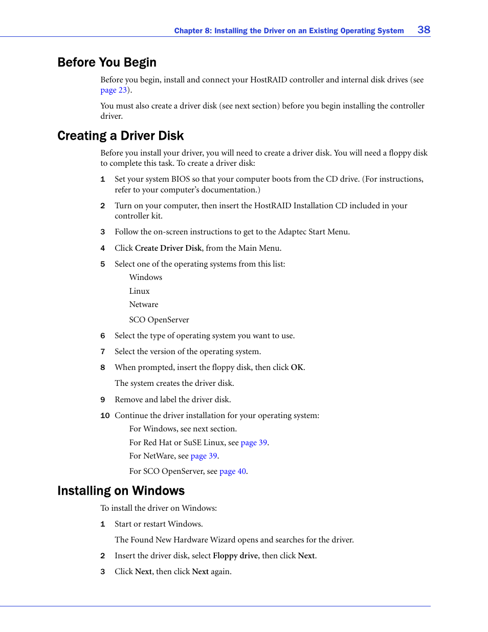 Before you begin, Creating a driver disk, Installing on windows | Adaptec 58300 User Manual | Page 38 / 88