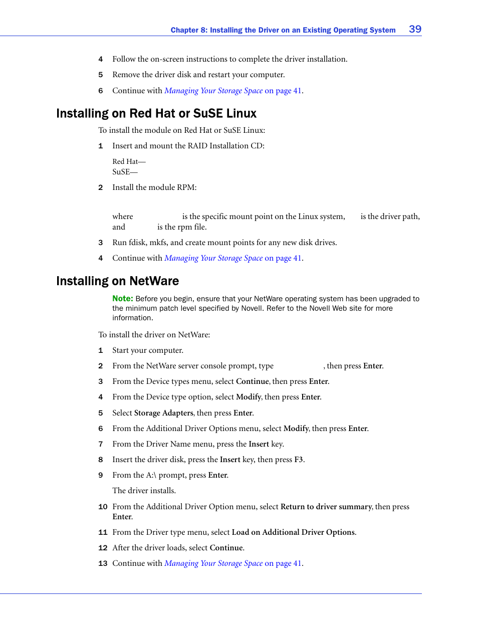 Installing on red hat or suse linux, Installing on netware | Adaptec 58300 User Manual | Page 39 / 88