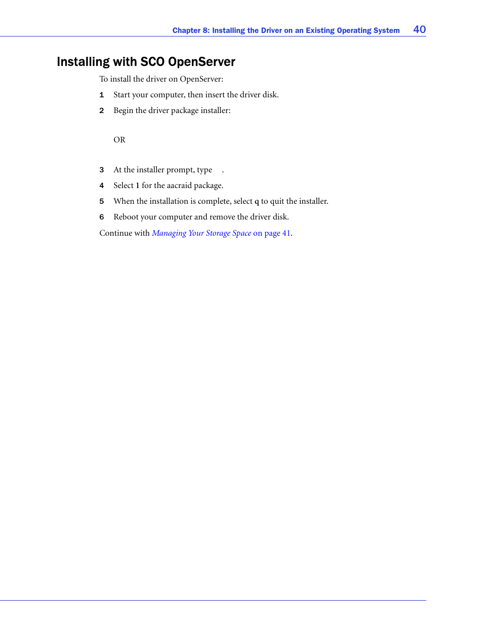 Installing with sco openserver | Adaptec 58300 User Manual | Page 40 / 88