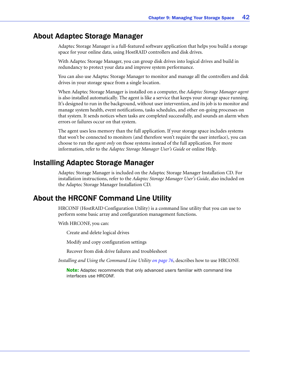 About adaptec storage manager, Installing adaptec storage manager, About the hrconf command line utility | E (see | Adaptec 58300 User Manual | Page 42 / 88