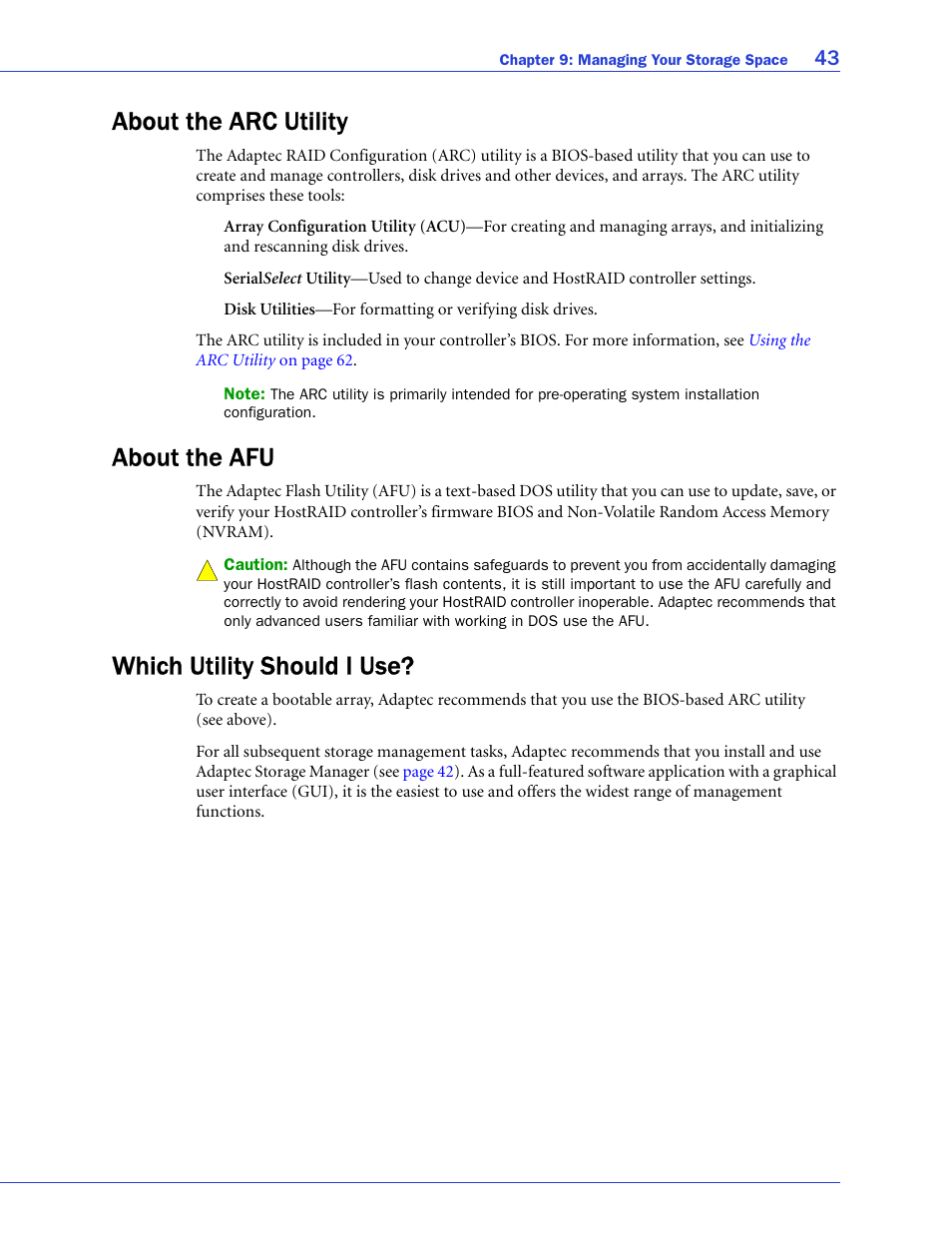 About the arc utility, About the afu, Which utility should i use | Adaptec 58300 User Manual | Page 43 / 88