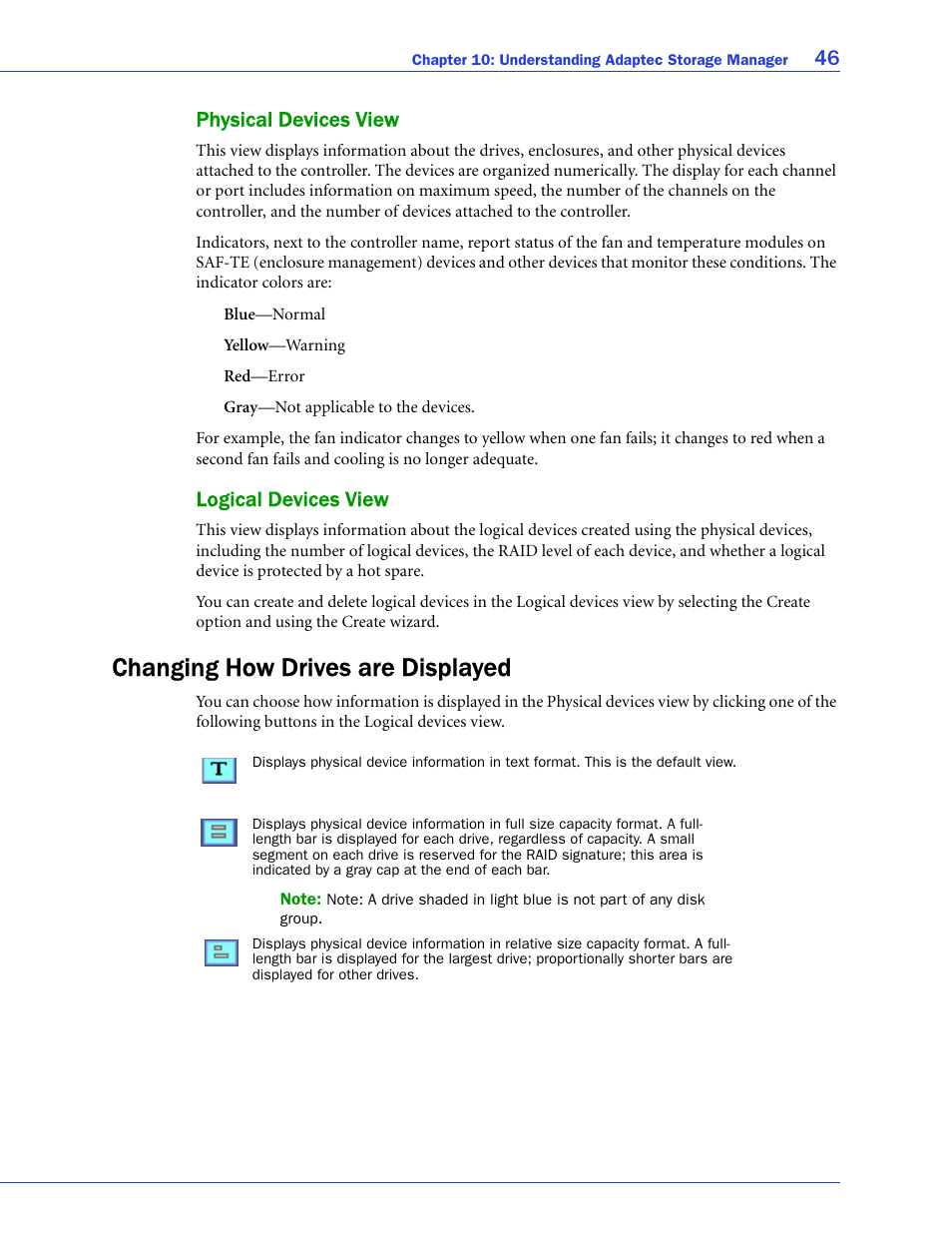 Physical devices view, Logical devices view, Changing how drives are displayed | Physical devices view logical devices view, Physical devices, 46 physical devices view | Adaptec 58300 User Manual | Page 46 / 88