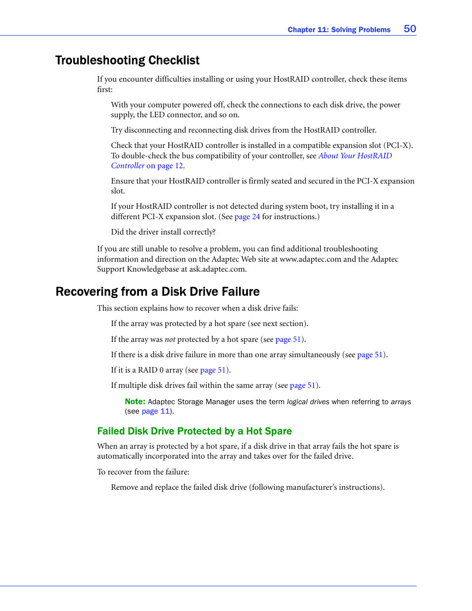Troubleshooting checklist, Recovering from a disk drive failure, Failed disk drive protected by a hot spare | Adaptec 58300 User Manual | Page 50 / 88