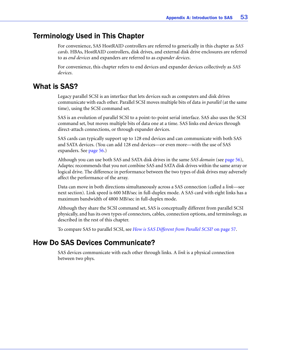 Terminology used in this chapter, What is sas, How do sas devices communicate | Adaptec 58300 User Manual | Page 53 / 88