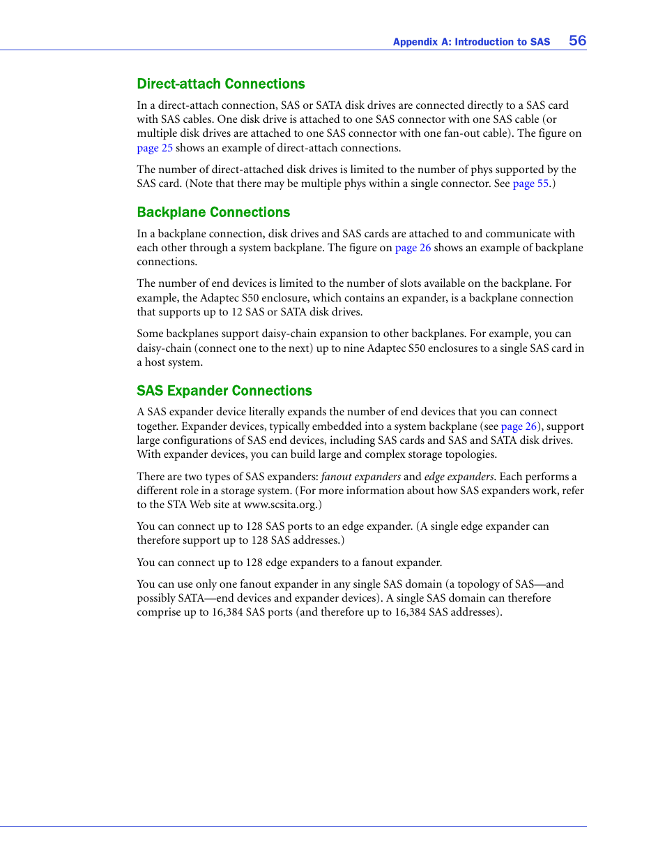 Direct-attach connections, Backplane connections, Sas expander connections | S (see, 56 direct-attach connections | Adaptec 58300 User Manual | Page 56 / 88