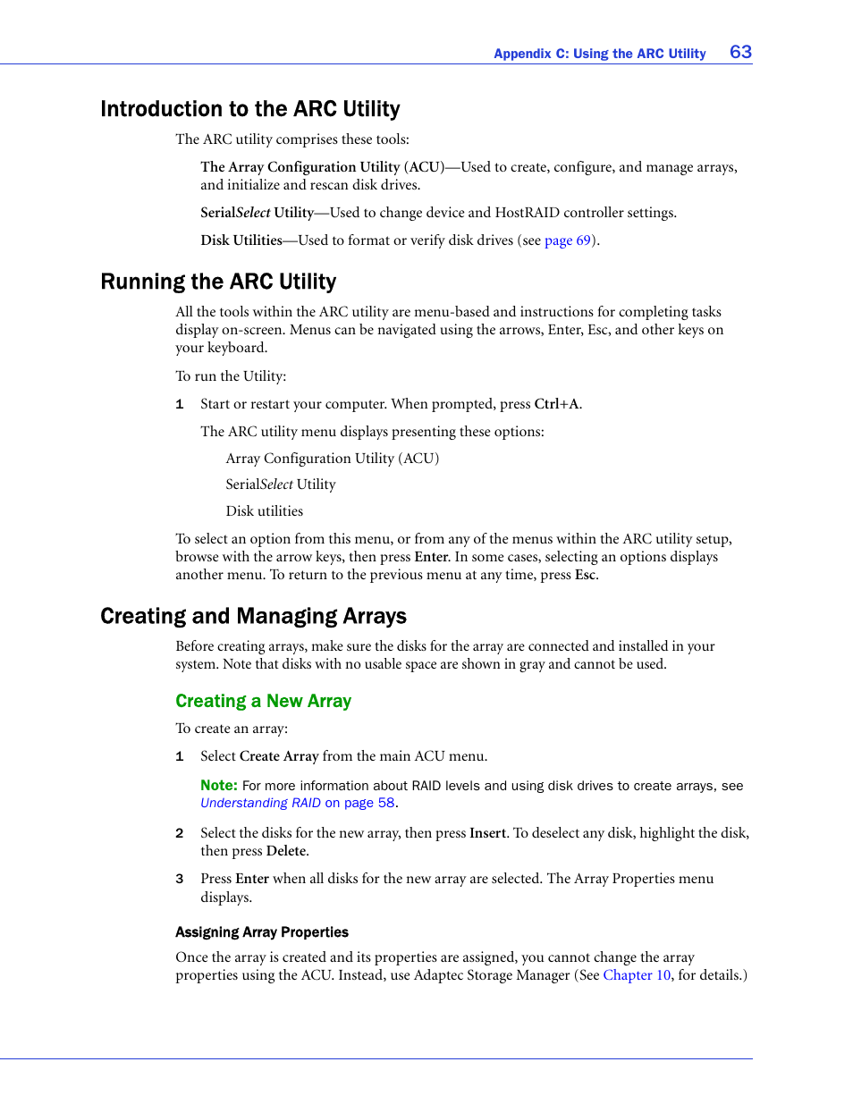 Introduction to the arc utility, Running the arc utility, Creating and managing arrays | Creating a new array | Adaptec 58300 User Manual | Page 63 / 88