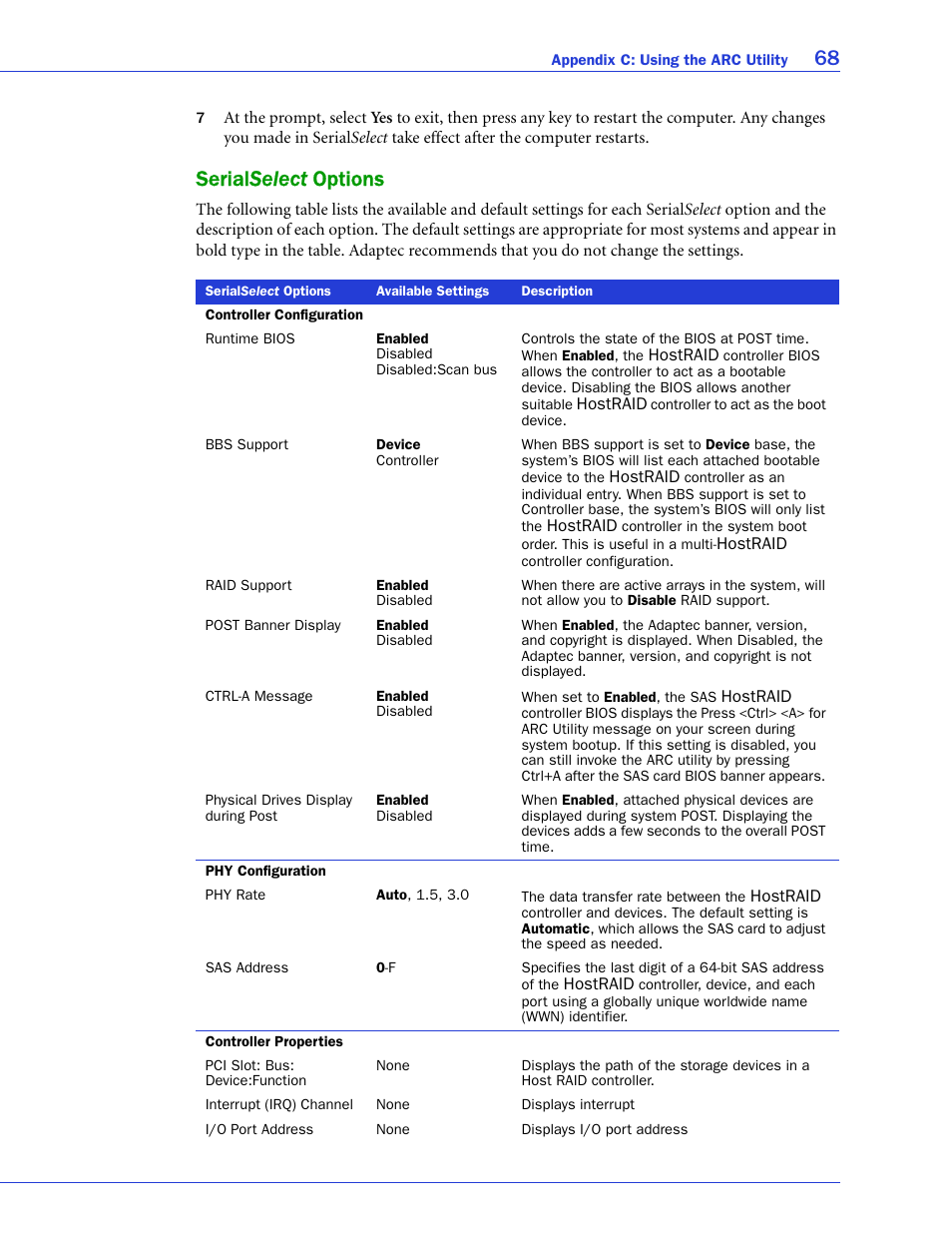 Serialselect options, Serial sele, Serial select options | Adaptec 58300 User Manual | Page 68 / 88