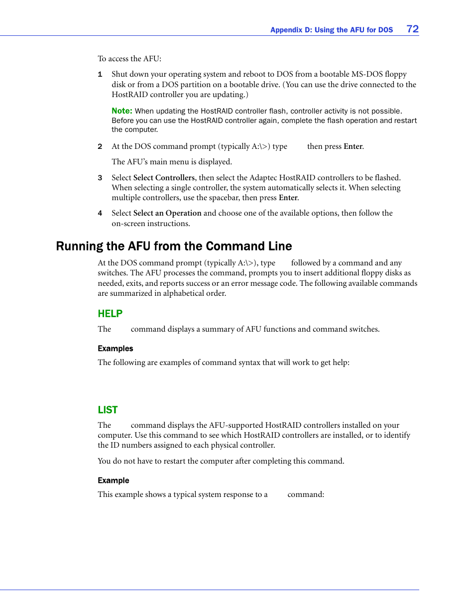Running the afu from the command line, Help, List | Help list | Adaptec 58300 User Manual | Page 72 / 88