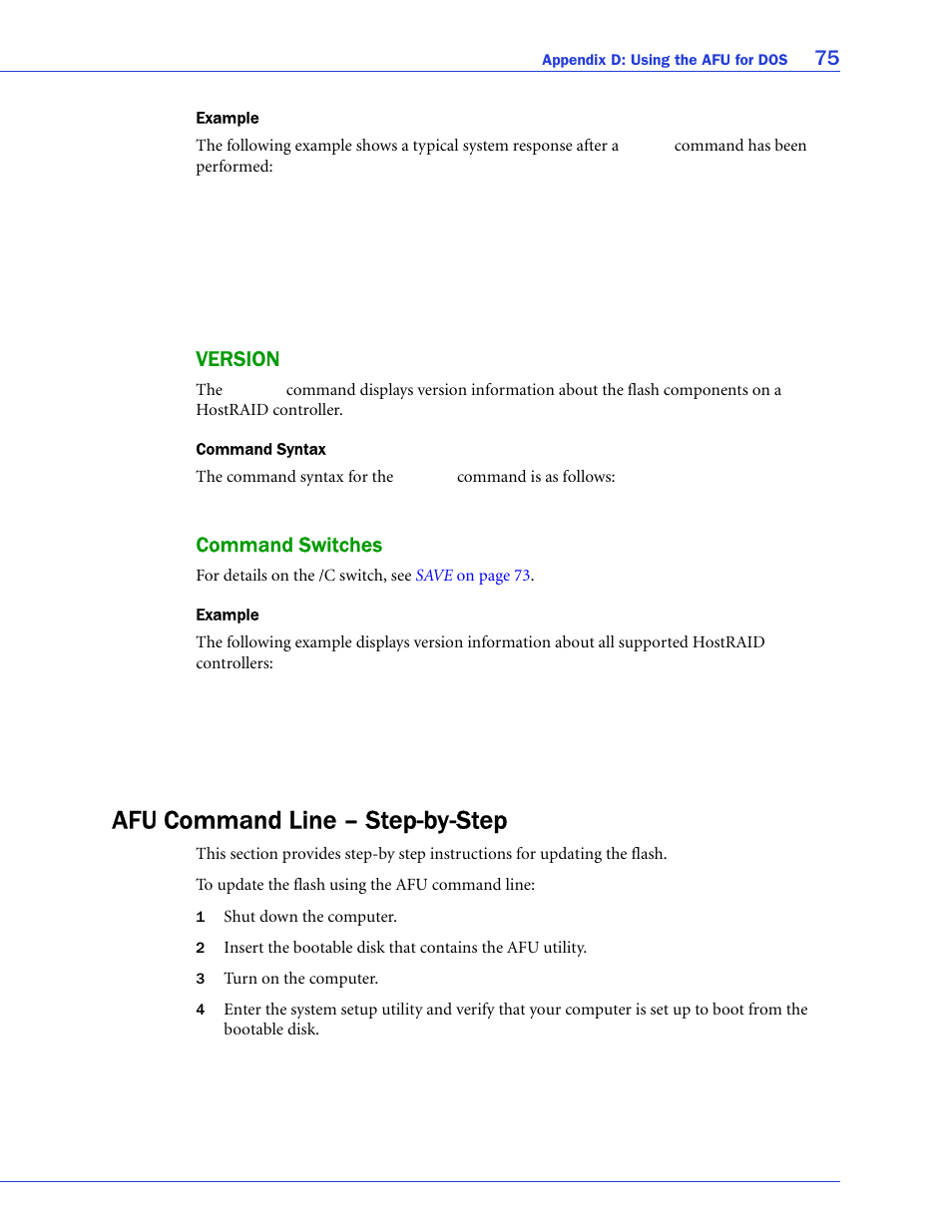 Version, Command switches, Afu command line - step-by-step | Version command switches, Afu command line – step-by-step | Adaptec 58300 User Manual | Page 75 / 88