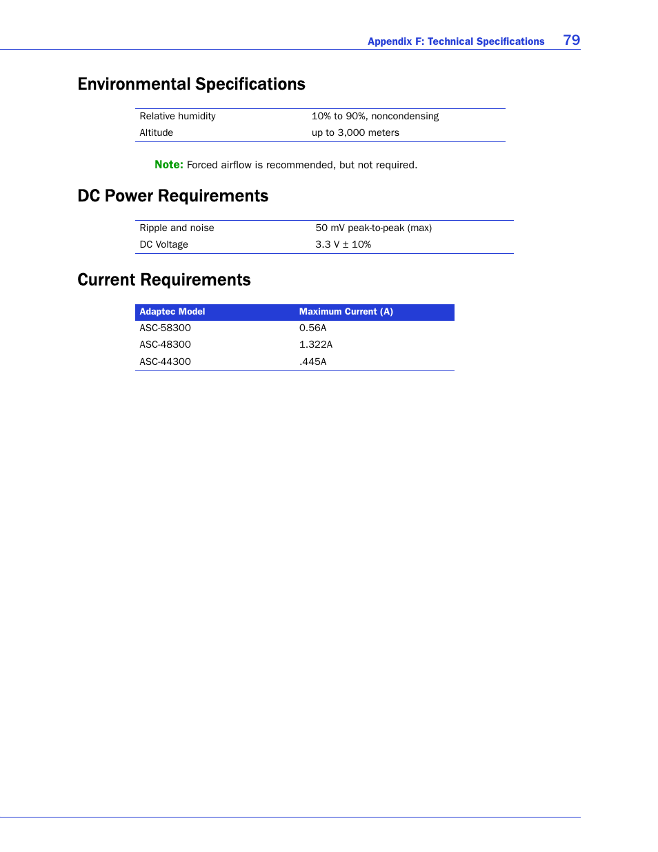Environmental specifications, Dc power requirements, Current requirements | Dc power requirements current requirements | Adaptec 58300 User Manual | Page 79 / 88