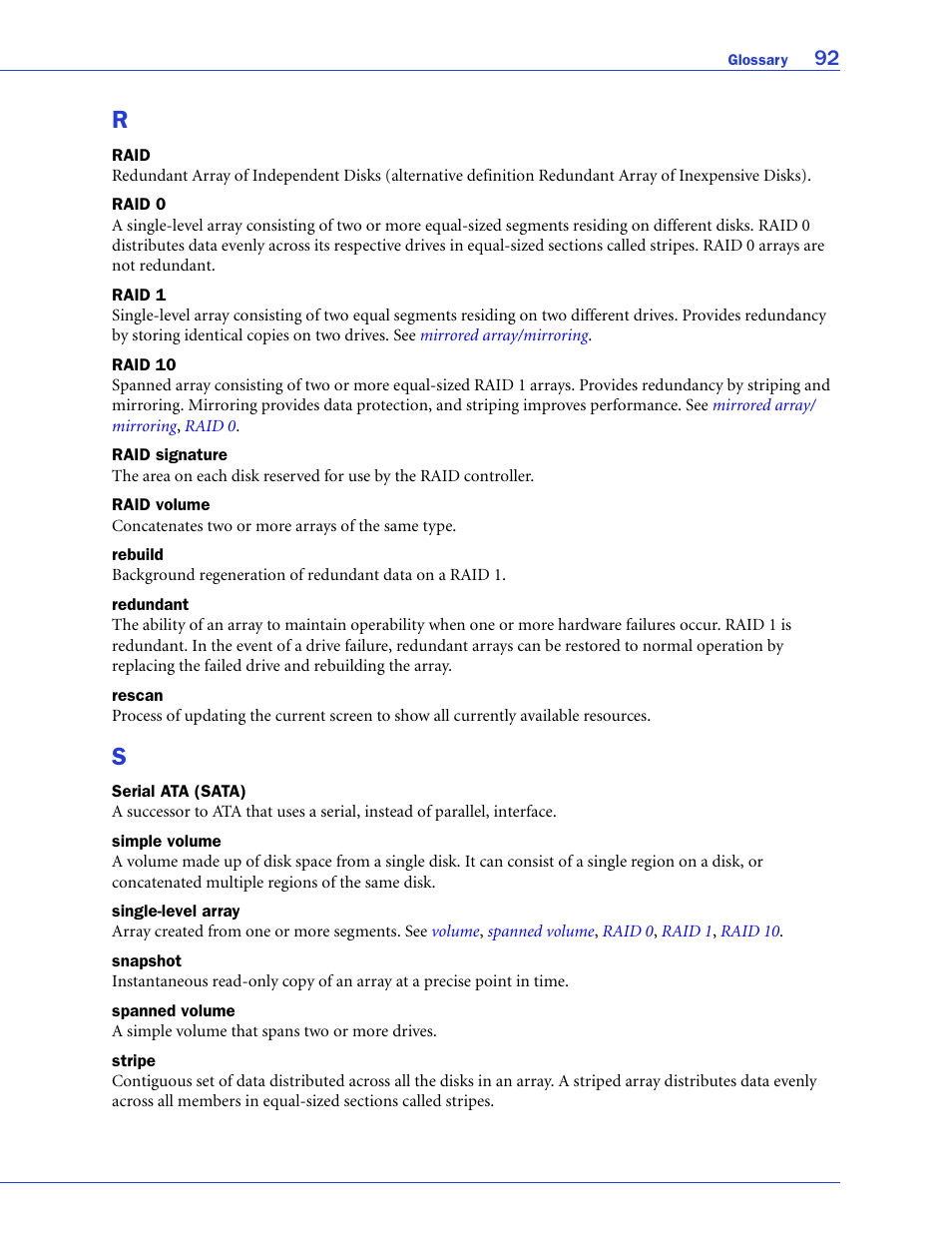 Spanned volume, Raid 0, Raid 1 | Raid 10, Also kno, Stripe, Ys. see, Redundant | Adaptec 58300 User Manual | Page 84 / 88