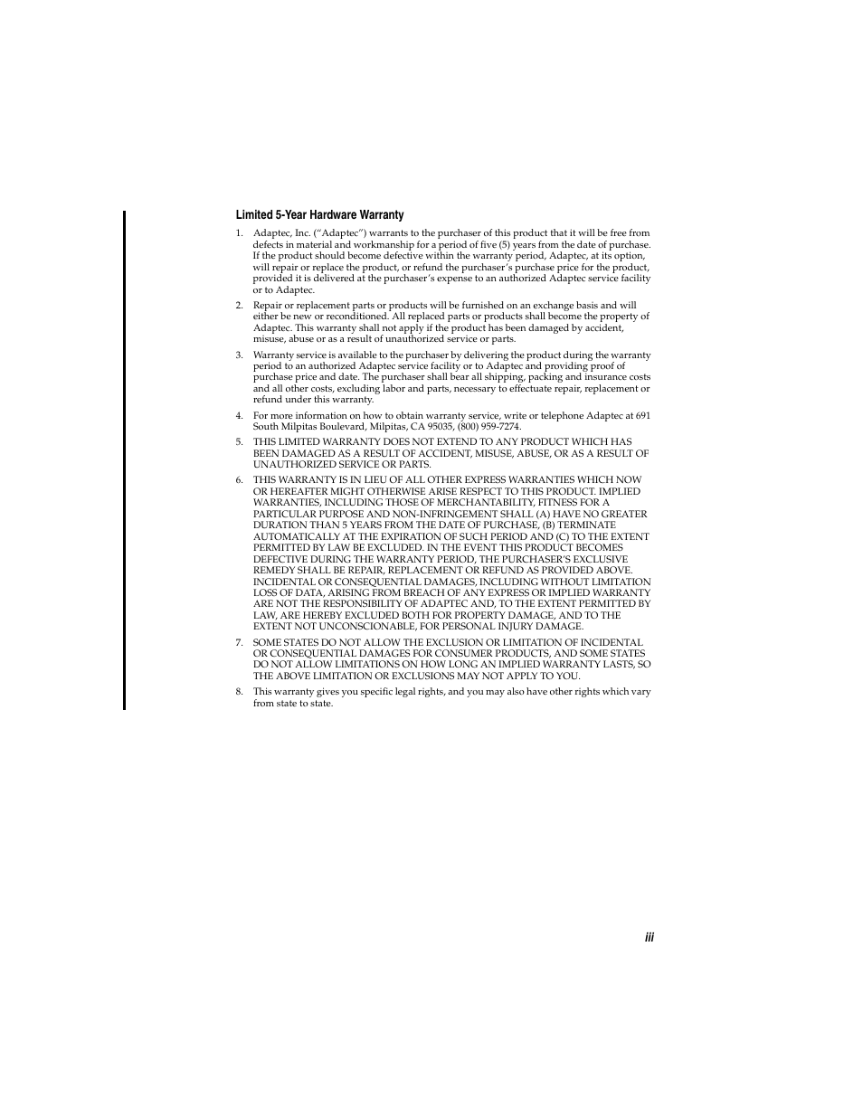 Iii limited 5-year hardware warranty | Adaptec DuoConnect AUA-3020 User Manual | Page 4 / 43