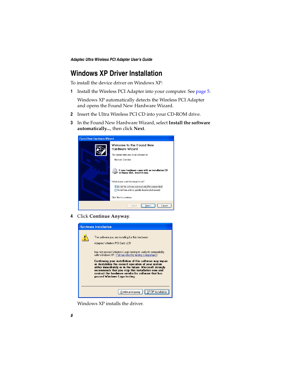 Windows xp driver installation | Adaptec WirelessTM User Manual | Page 15 / 58