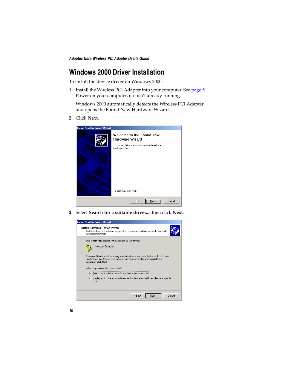 Windows 2000 driver installation | Adaptec WirelessTM User Manual | Page 17 / 58